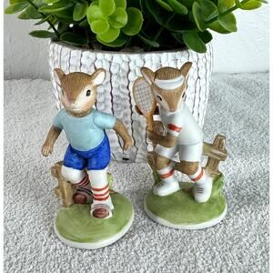 Vintage Lefton Handpainted Anthropomorphic Mice Rollerskating & Tennis Figurines